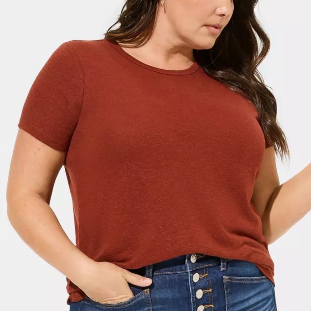 Torrid - Lightweight Linen Blend Brick Red Crew Neck Short Sleeve Tee - 3X